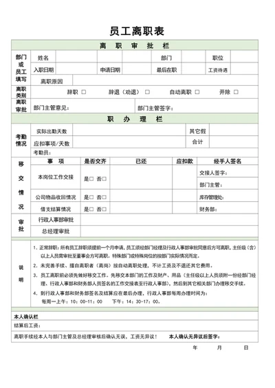 清爽简约风公司员工离职表word表格模板