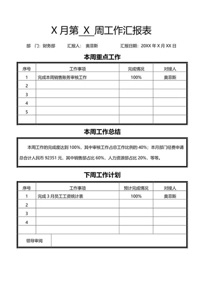 财务部工作计划汇报表word模板