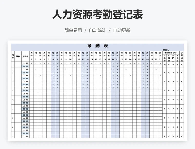 人力资源考勤登记表