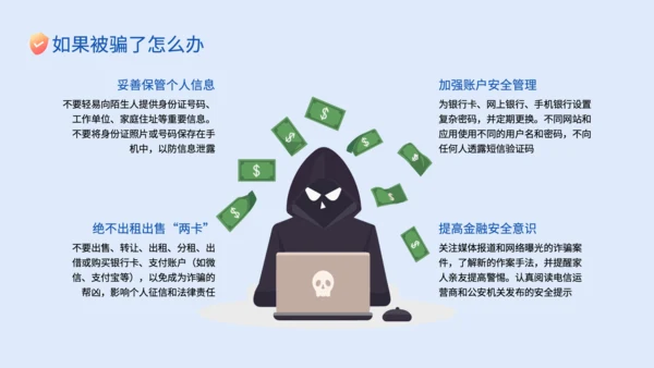 蓝色插画风电信网络诈骗的识别应对策略PPT