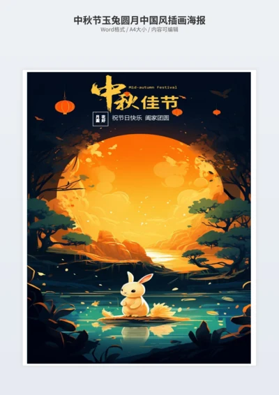 中秋节玉兔圆月中国风插画海报