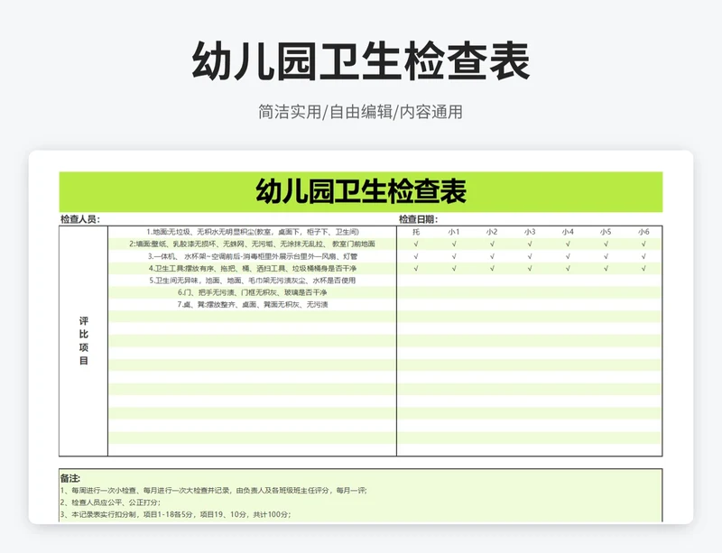 简约风幼儿园卫生检查表