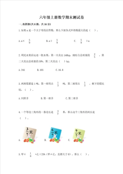 六年级上册数学期末测试卷附参考答案夺分金卷