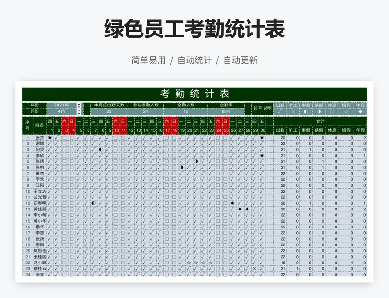 绿色员工考勤统计表