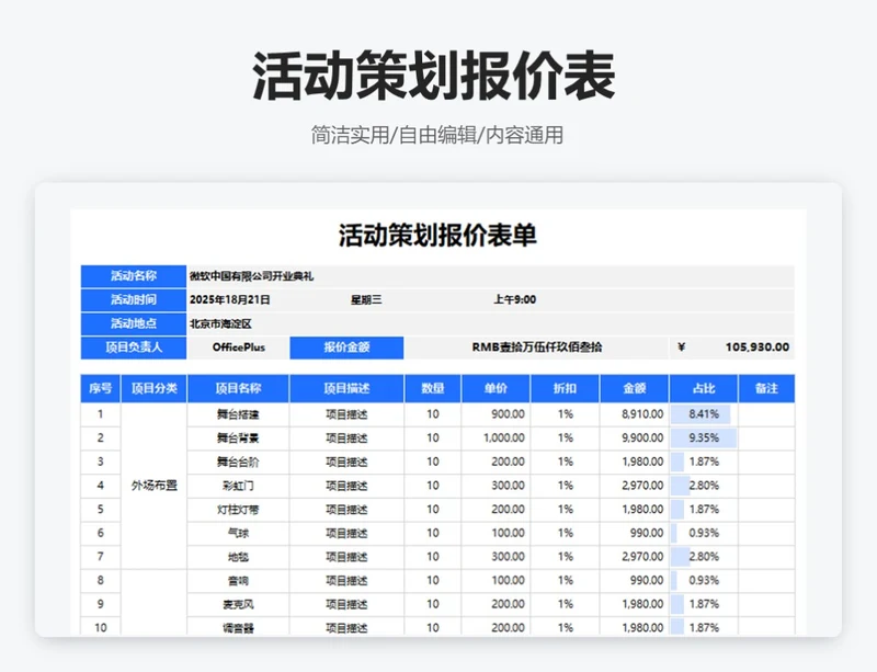 简约蓝色活动策划报价表