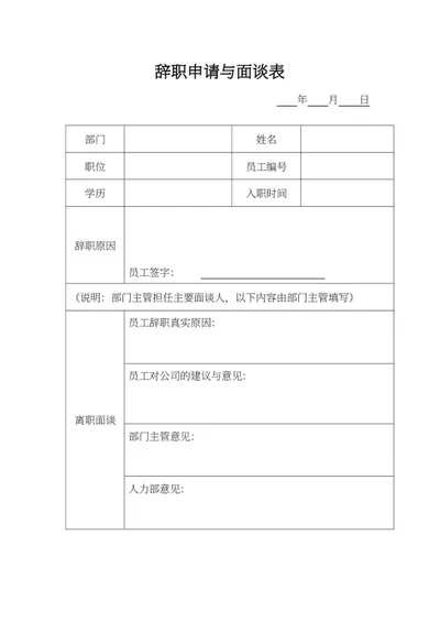 辞职申请面谈表word模板
