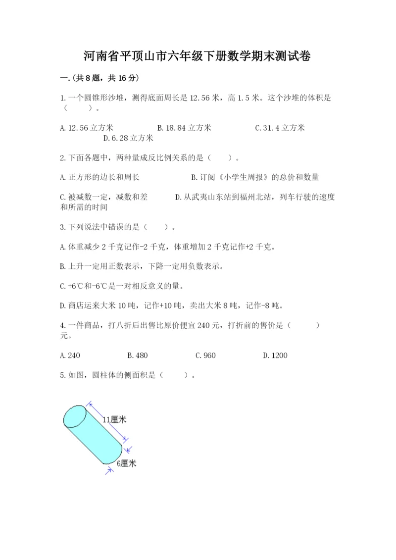 河南省平顶山市六年级下册数学期末测试卷及参考答案（突破训练）.docx