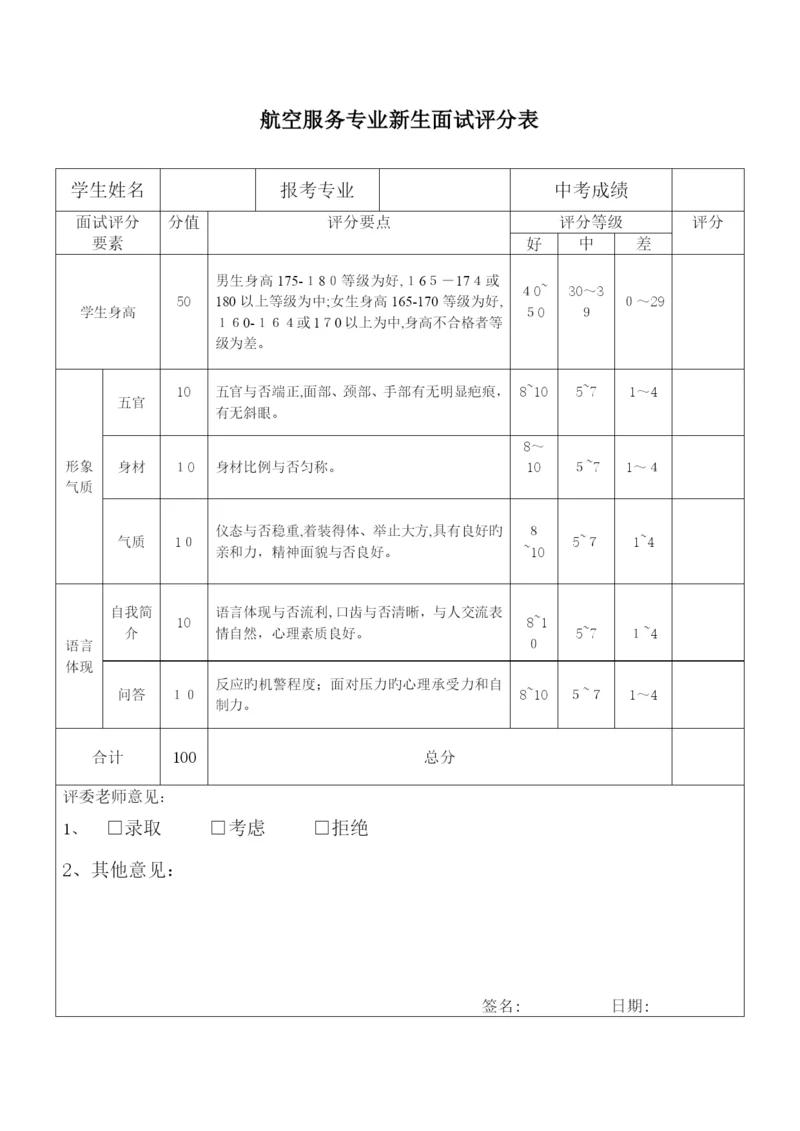 2023年航空服务面试评分表.docx