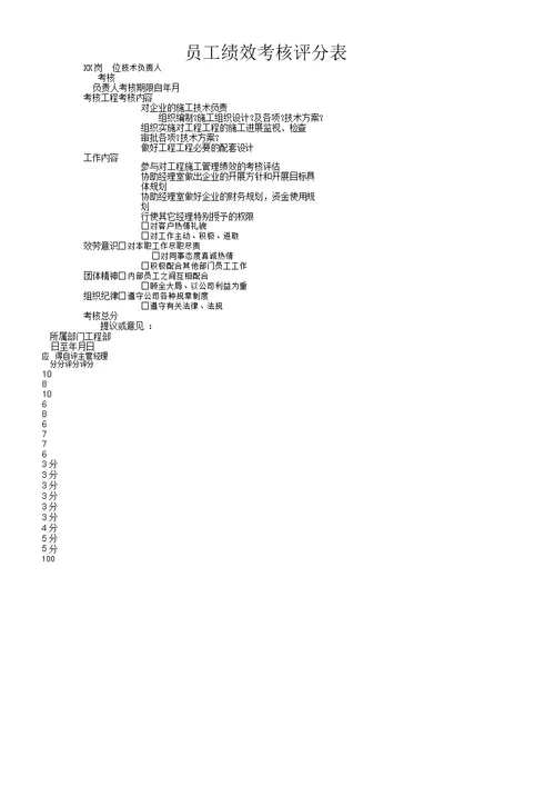 建筑公司绩效考核评分表