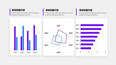 图表页-紫色商务风3项柱形图雷达图条形图