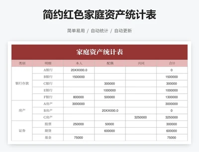 简约红色家庭资产统计表
