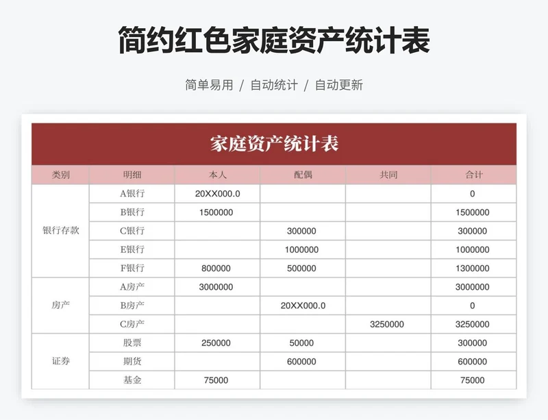 简约红色家庭资产统计表