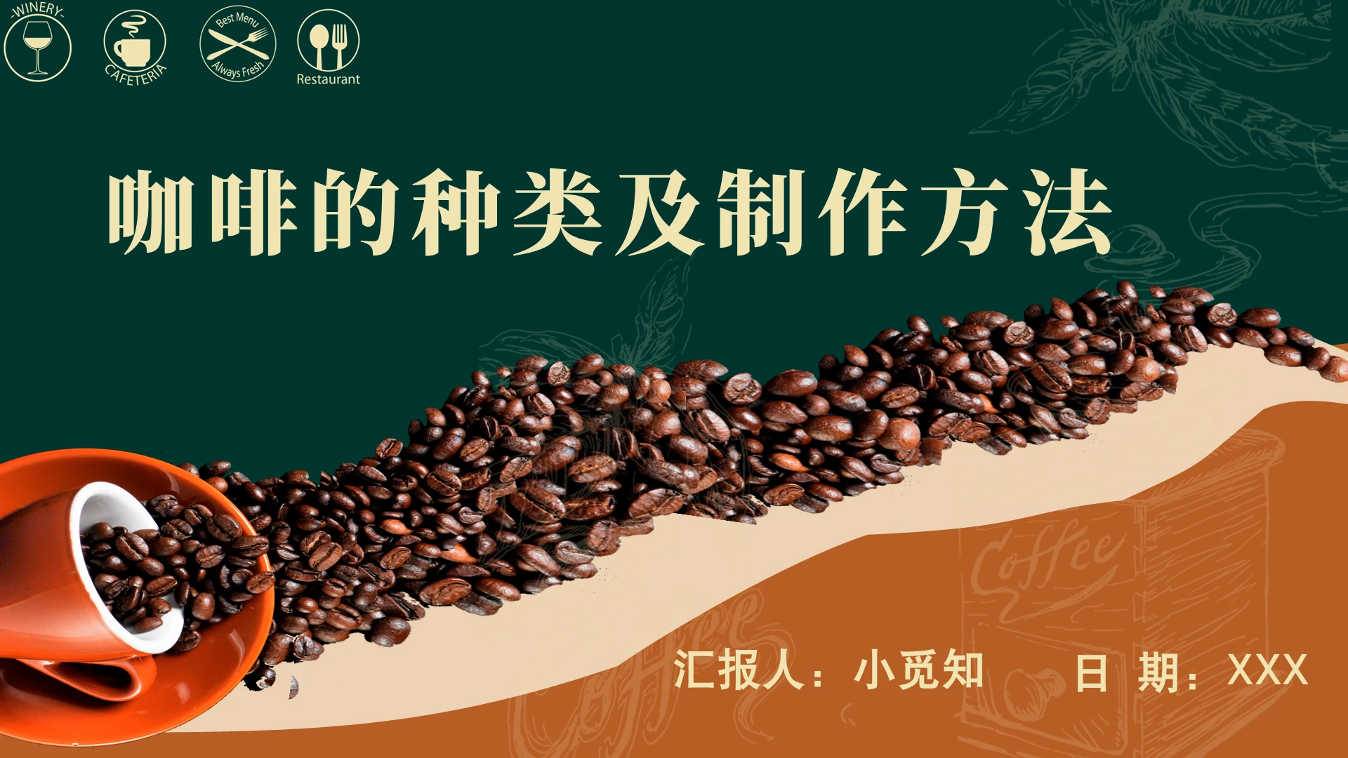 墨绿色简约商务风2021年咖啡的种类及制作方法ppt模板