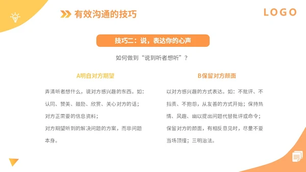 橙色扁平插画企业公司商务办公人物有效沟通技巧培训模板