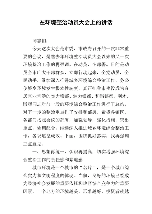 在环境整治动员大会上的讲话