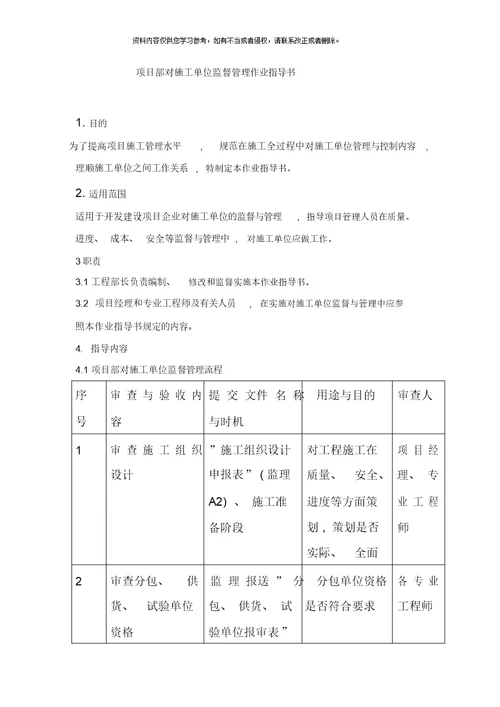 项目部对施工单位监督管理作业指导书