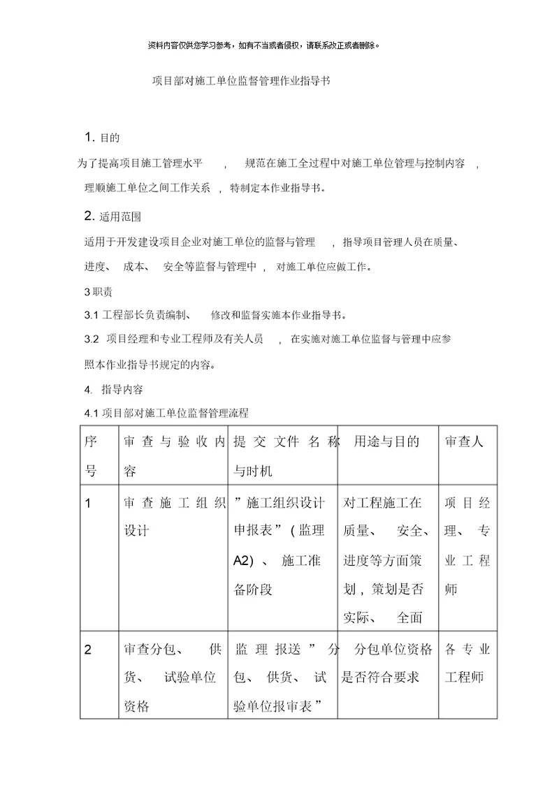 项目部对施工单位监督管理作业指导书