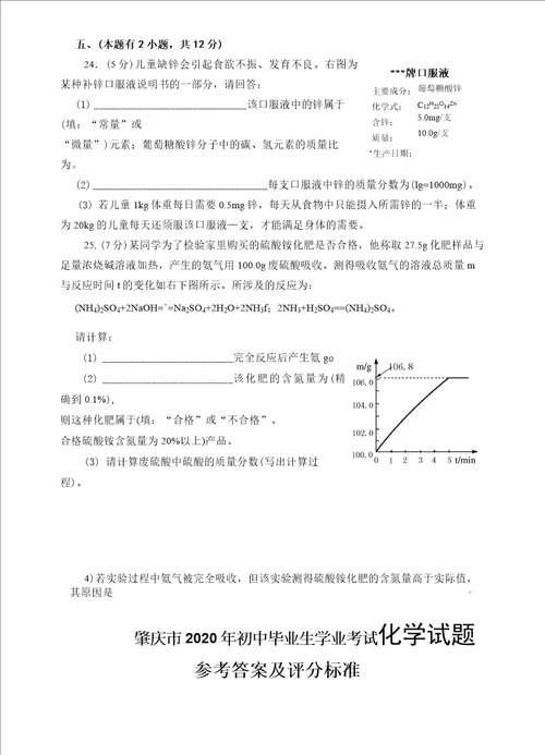 2020年广东省肇庆市中考化学试题word版,有答案