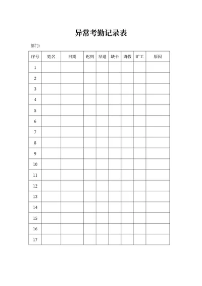 异常考勤记录表word模板