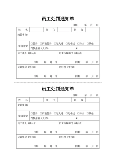 员工处罚通知单