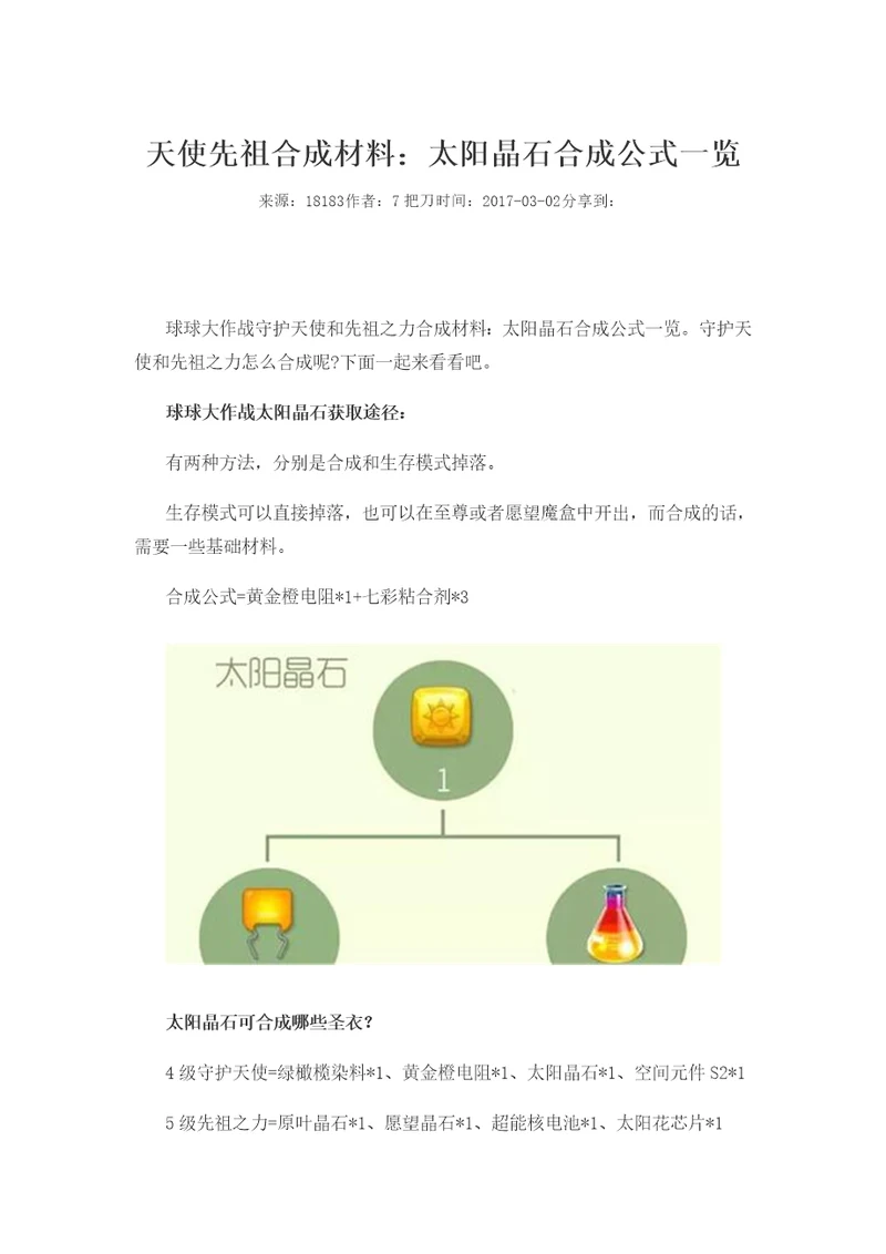 天使先祖合成材料：太阳晶石合成公式一览