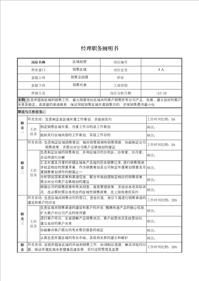 湖北新丰化纤公司区域经理职务专项说明书