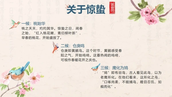 黄色中国风花鸟二十四节气之惊蛰带内容PPT模板