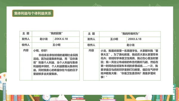 绿色黑板风卡通插画承担关爱集体的责任动态PPT
