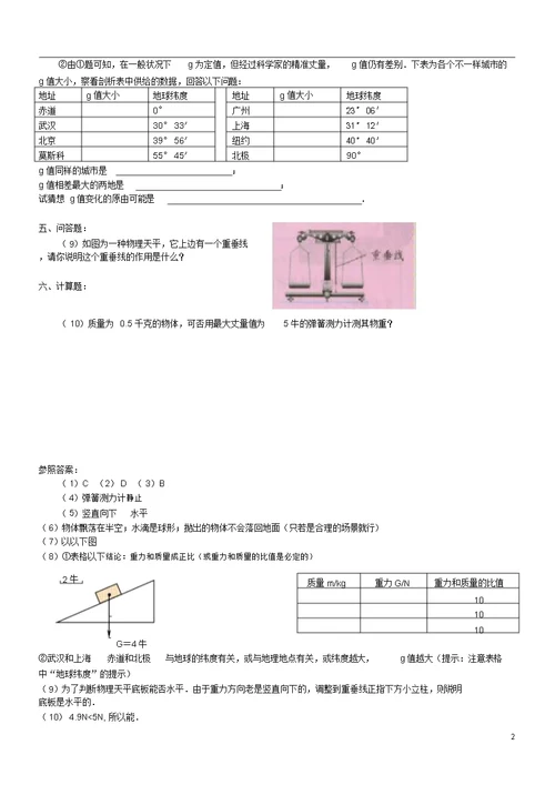 完整版八年级下册物理：重力测试题及答案