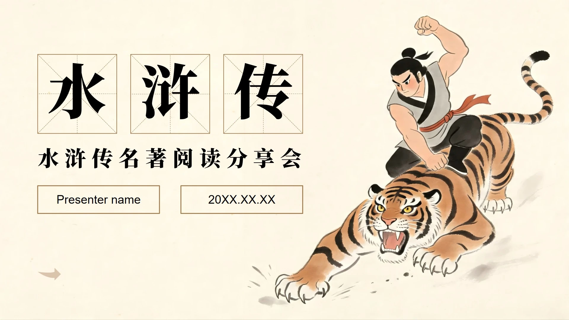 黄色简约复古风水浒传名著分享读书笔记PPT模板