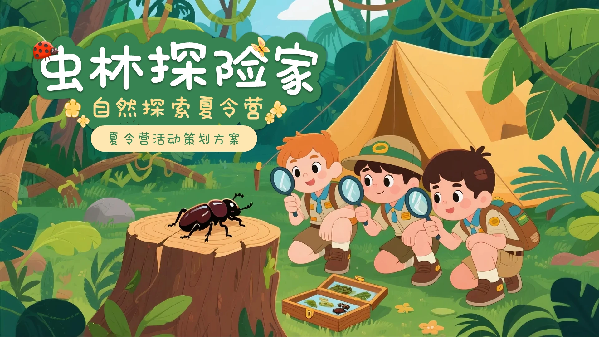 绿色卡通暑期夏季夏令营虫林探险家主题夏令营活动策划方案PPT模板