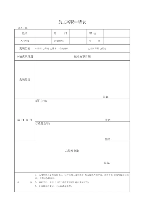 员工离职申请表、交接工作表