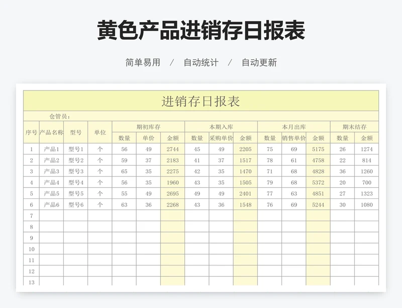 黄色产品进销存日报表
