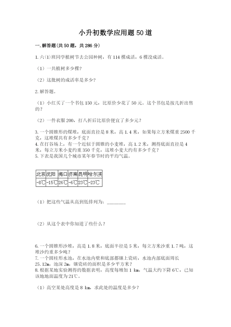 小升初数学应用题50道精品（有一套）.docx