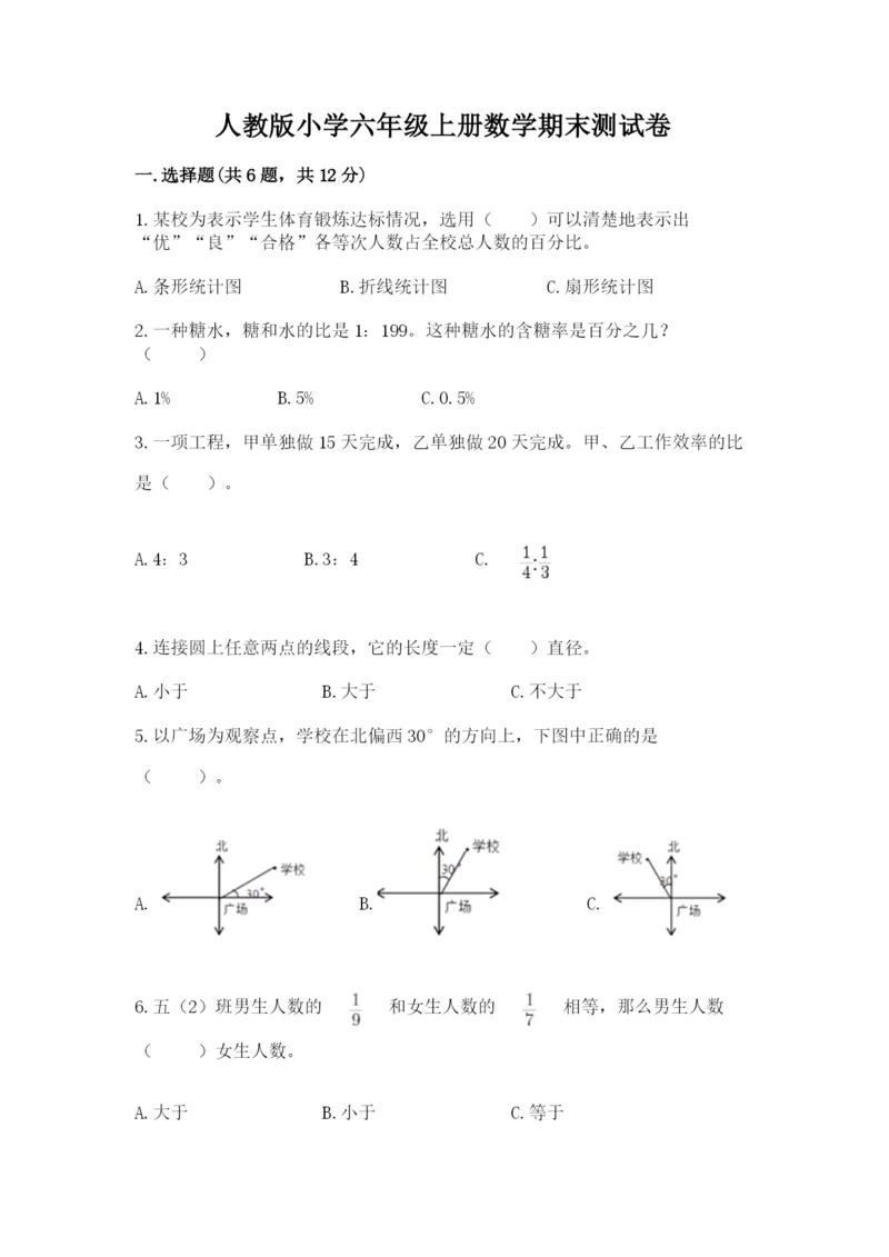 人教版小学六年级上册数学期末测试卷加答案下载.docx