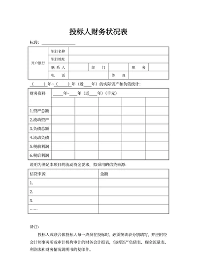 投标人财务状况表