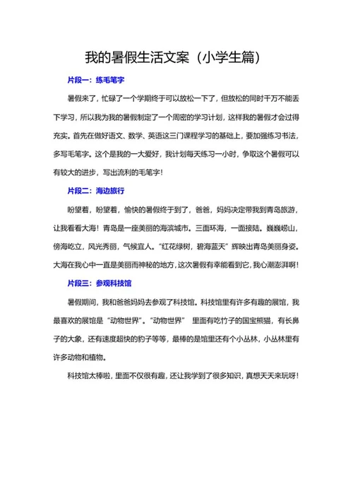 小学生的暑假生活手抄报文案word模板