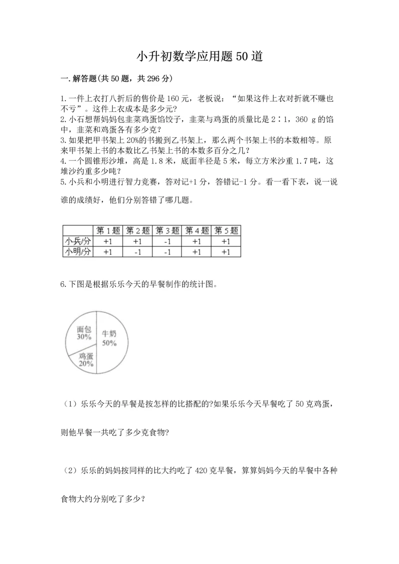 小升初数学应用题50道学生专用.docx