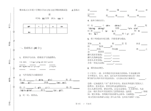 期末练习五年级下学期小学语文复习混合期末模拟试卷A卷练习题