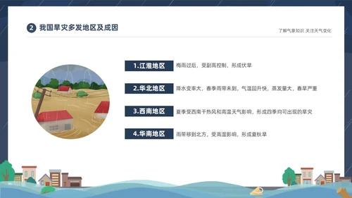 蓝色建筑插画风了解气象知识关注天气变化气象灾害介绍课件PPT世界气象日
