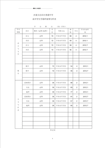 高中学生学籍档案填写样表