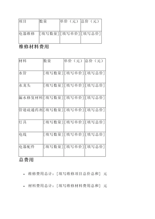 昆明水电维修报价单