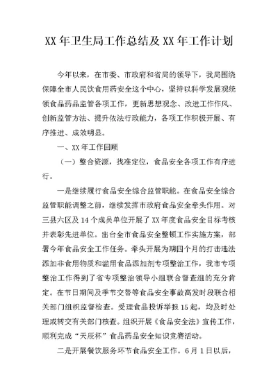 XX年卫生局工作总结及XX年工作计划
