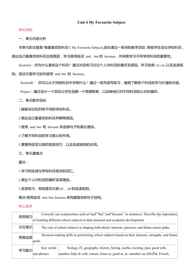 Unit 4 My Favourite Subject同步教案 2024-2025学年人教版（202