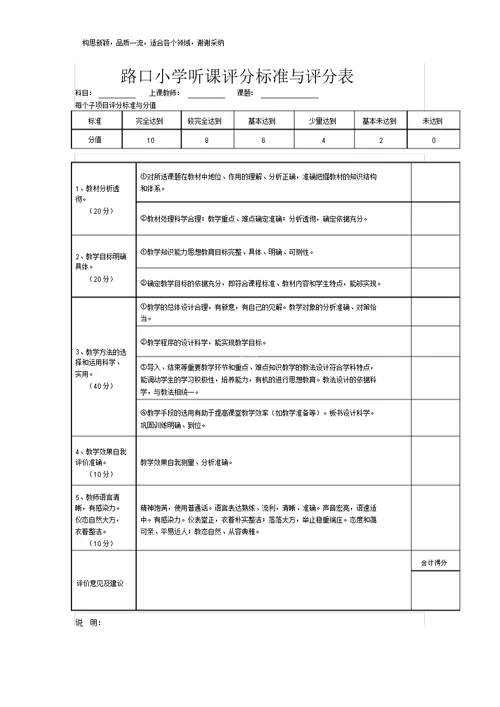 教师公开课评分表格