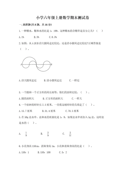 小学六年级上册数学期末测试卷（满分必刷）