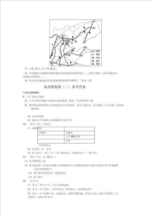 山东淄博初中学业水平重点考试二地理