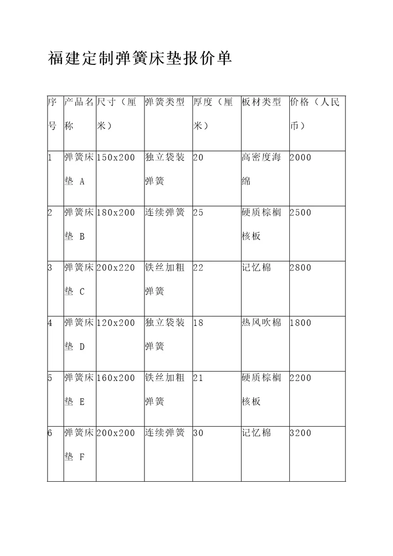 福建定制弹簧床垫报价单