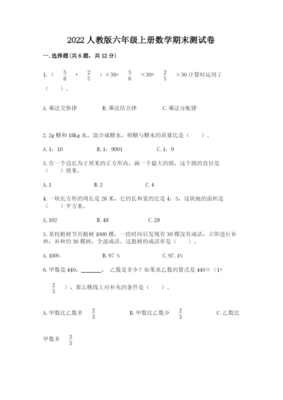 2022人教版六年级上册数学期末测试卷精品（网校专用）.docx
