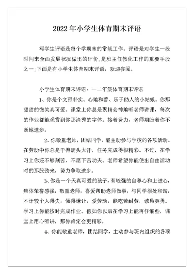 2022年小学生体育期末评语